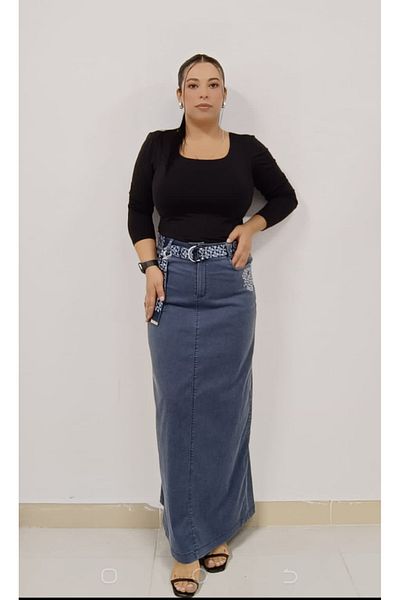 AKŞEN GİYİM Plus Size Thin Denim Fabric Full Lycra Belt 95 cm Ankle Length Long Skirt