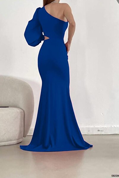 Deafox Saks kék mélyen dekoltált importált krepp szövet egyujjú estélyi ruha