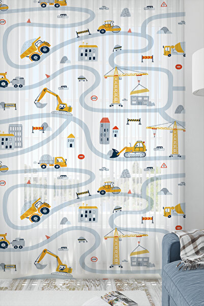 Else Halı İnşaat İş Makineleri Desenli Erkek Çocuk Odası Tül Perde 140x260cm