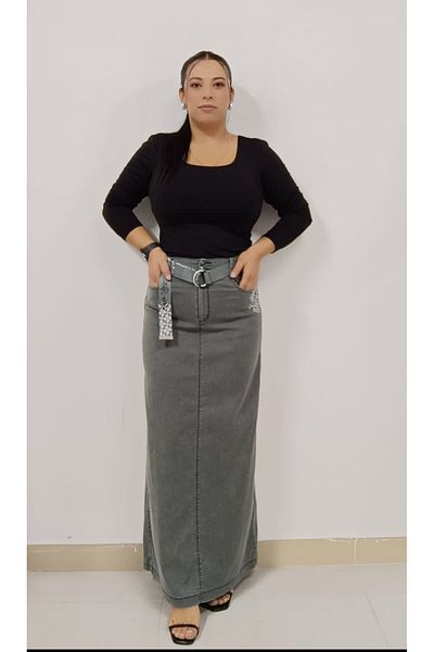 AKŞEN GİYİM 95 cm Ankle Length Full Lycra and Belted Long Skirt - Plus Size Thin Denim Sand