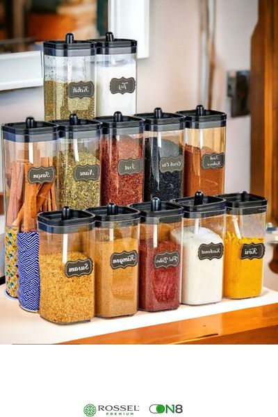 Rossel Premium طقم وعاء توابل أكريليك 12 قطعة مع ملعقة وغطاء ذاتي