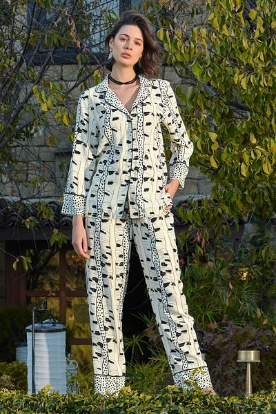 MONAMİSE Monamise 22034 Set de pijamale cu mâneci lungi, alb-negru, pentru femei