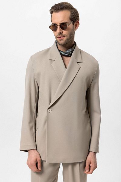 Antioch Beige Double Breasted Closure Hidden Pocket Men's Blazer Jacket