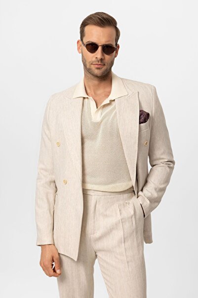 Antioch Ecru-White Linen Blended Double Breasted Closure Men's Blazer Jacket