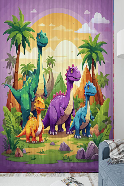 Else Halı Renkli Dinazor Hayvanlar Desenli Çocuk Odası Tül Perde 140x260cm