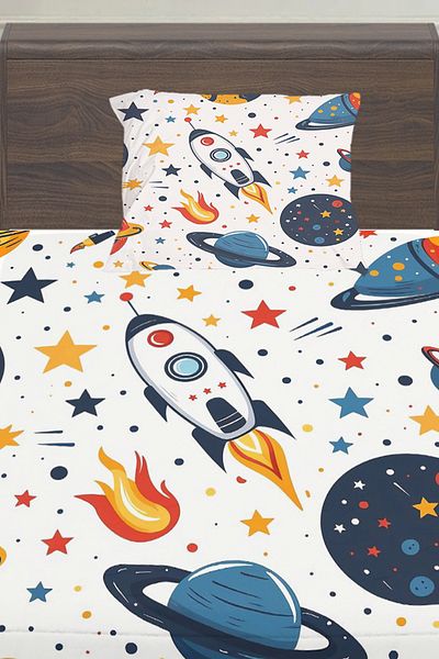Else Halı Galaxy Stars Space Patterned Boy's Single Pillowed Sheet Set 100X200 cm