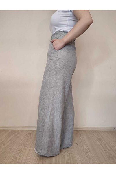 enmodaiçgiyim High Waist and Wide Leg Gray Linen Women's Trousers