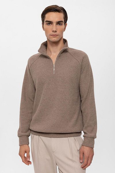 Antioch Beige Half Zippered Stand Collar Men's Sweater