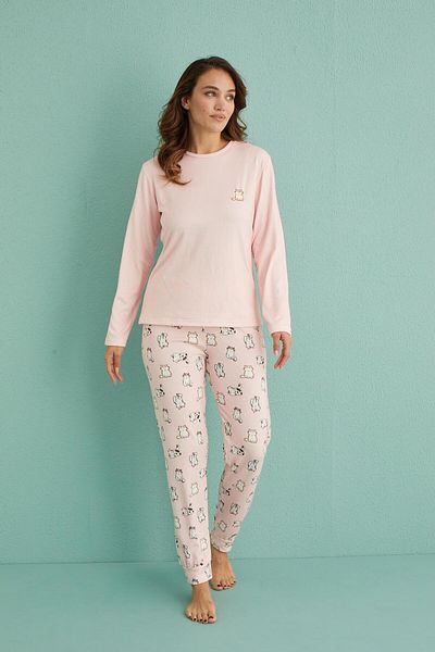 gd goldoremi 14101-5 Women's Cat Patterned Thermal Fabric Long Sleeve Pajamas Set