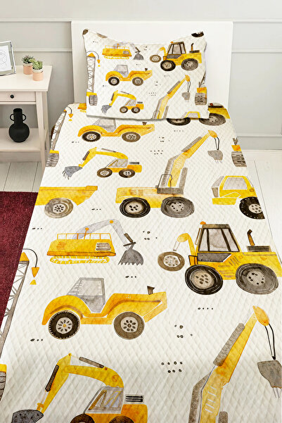 Else Halı Sarı İş Makineleri Desenli Erkek Çocuk Tek Kişilik Kapitoneli Pike ...