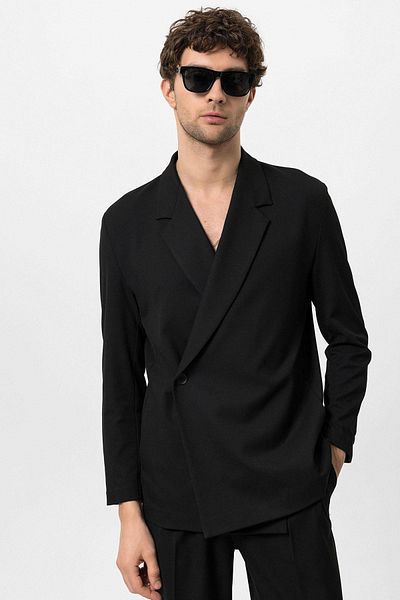 Antioch Black Double Breasted Closure Hidden Pocket Men's Blazer Jacket
