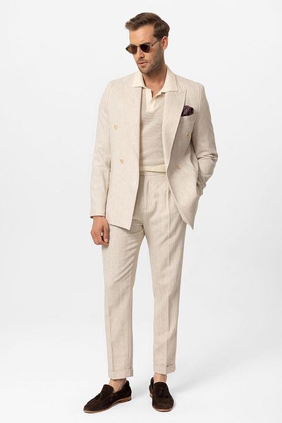 Antioch Ecru-White Linen Blended Double Breasted Closure Men's Blazer Jacket