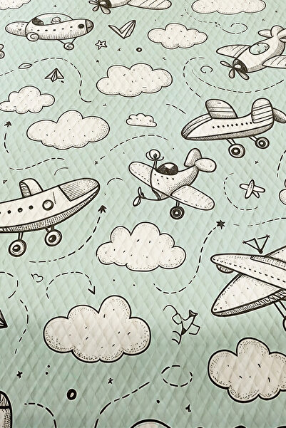 Else Halı Mavi Beyaz Uçaklar Desenli Erkek Çocuk Tek Kişilik Kapitoneli Pike Takımı Yatak Örtüsü