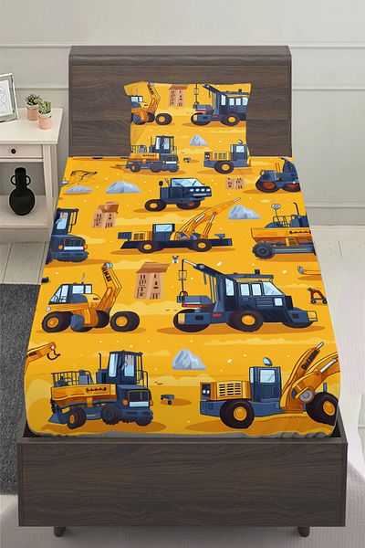 Else Halı Yellow Construction Machinery Construction Patterned Boy's Single Padded Sheet Set 100X200 cm