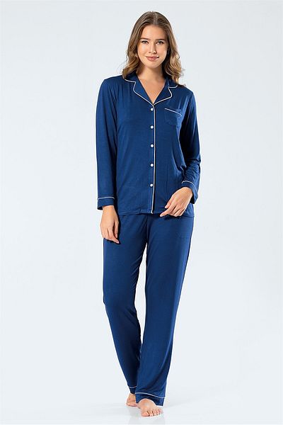 TÜREN 3359 Navy Blue Women's Straight Long Sleeve Shirt Collar Pajamas Set