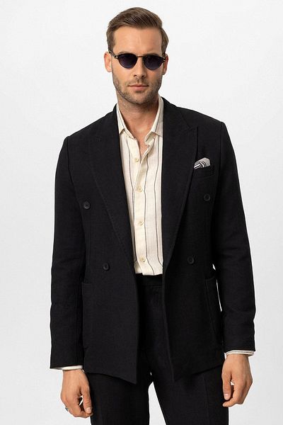 Antioch Linen Blended Black Double Breasted Men's Blazer Jacket