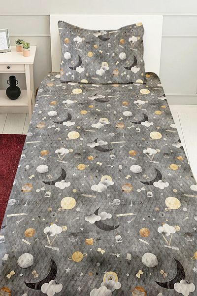 Else Halı Gray Cloudy Moon Grandpa Patterned Boy's Single Quilted Pique Set Bedspread