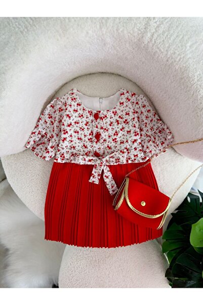 Minigimin Cicileri Chiffon Floral Print Mini Dress with Pleat and Flowers Det...