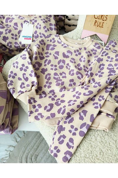 Minigimin Cicileri My Little Girl's Suit with Ribbed Tights - Leopard Pattern, Purple