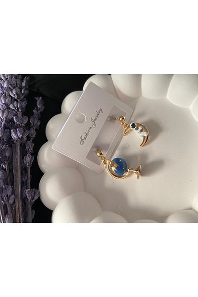 Morena World Astronaut and Moon Detailed Double Steel Earrings