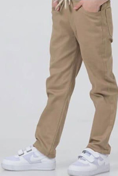 Minigimin Cicileri Unisex Canvas School Kids Trousers - Straight Leg, Elastic Waist, Camel