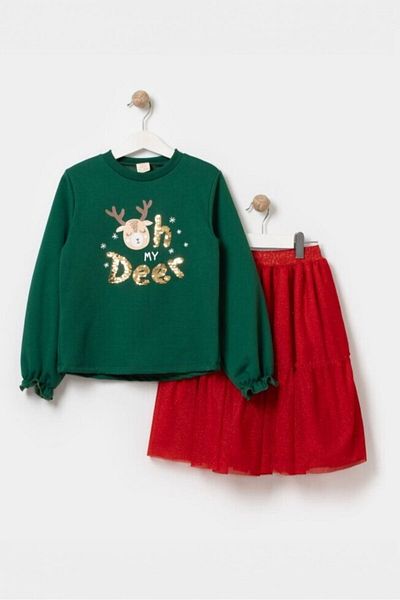 Minigimin Cicileri Costum de Crăciun pentru fete Oh Dear verde-roșu cu fustă