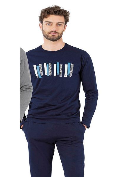 Pierre Cardin 6071 Ανδρικό σετ πιτζάμες με μακρυμάνικο μπλέ Navy με στρογγυλή λαιμόκοψη
