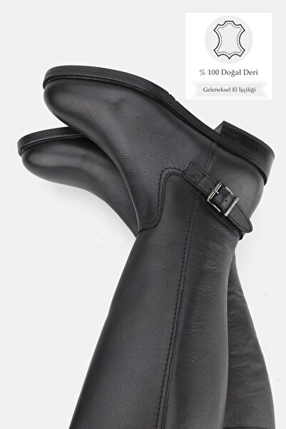 TUNAELLİ KADIN SİYAH HAKİKİ DOĞAL DERİ 35-41 NUMARA KISA TOPUKLU TOKALI ÇİZME