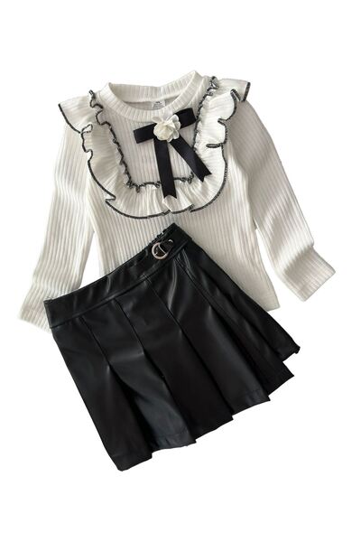 Minigimin Cicileri Miniğimin Cicileri Yaka Çiçek Detaylı Şortetekli Deri  2 li Takım - Siyah