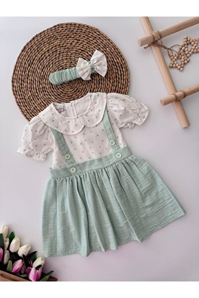 Minigimin Cicileri Rochie și bandană pentru fete din muselină verde - Imprima...