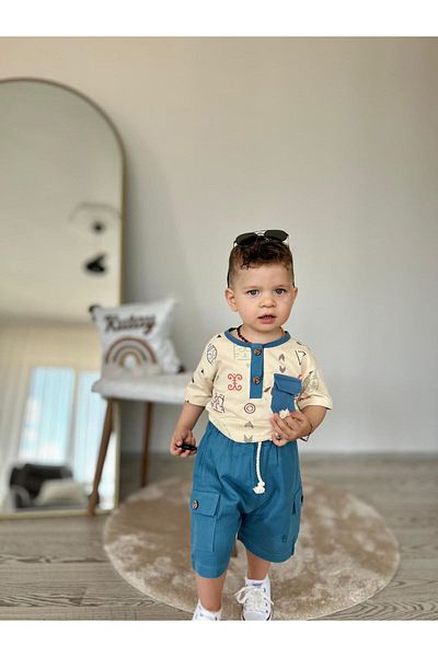 Minigimin Cicileri Men's Indigo Tshirt and Shorts Set - Muslin Ethnic Pattern, Pocket Detailed