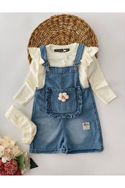 Minigimin Cicileri Set de blugi albastru Salopet - Detaliu buzunar cu volane, accesorii Daisy, set de 3 piese pentru fete