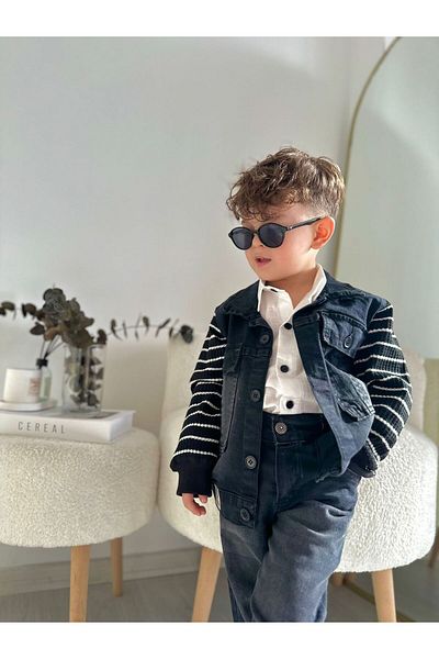 Minigimin Cicileri White Boy's Set - My Little's Flowers, Knitwear Detailed Jeans Set of 3