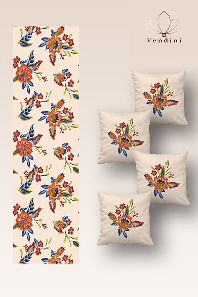 Vendini Quality Fabric, Vibrant Colors Runner and 4 Throw Pillow Covers Set
