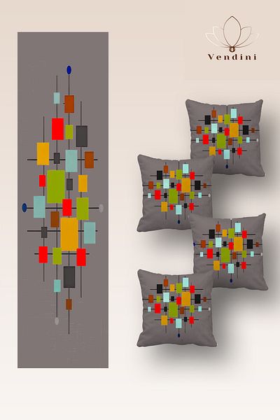 Vendini Quality Fabric, Vibrant Colors Runner and 4 Throw Pillow Covers Set