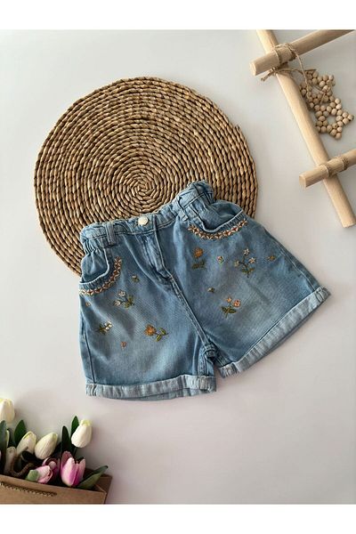 Minigimin Cicileri Light Blue My Mini's Cicis Little Flower Embroidered Girl's Denim Shorts