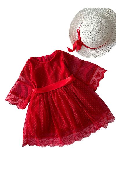 Minigimin Cicileri Red Girl's Dress - My Junior's Flowers, Polka Dot Tulle and Hat
