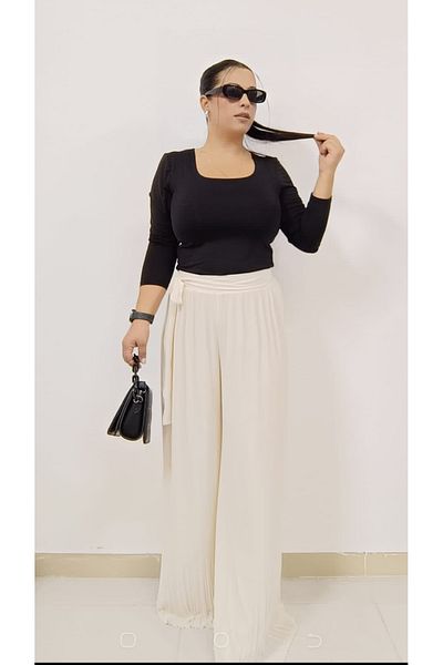 AKŞEN GİYİM LARGE SIZE TESETTURE SUITABLE PLEATED WAIST RUBBLE LINED CHIFFON PALAZZO MODEL EVENING DRESS PANT