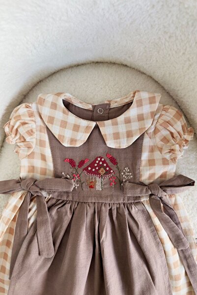 Minigimin Cicileri Miniğimin Cicileri Baby Nakış Mantar Desenli Organik Pamuklu Elbise - Vizon