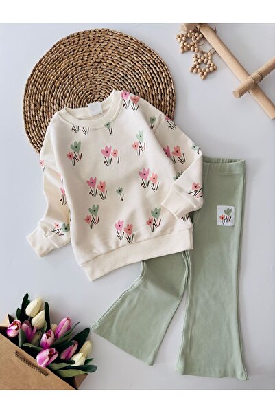 Minigimin Cicileri Green Tulip Patterned My Little Girl's Spanish Twill Set -...