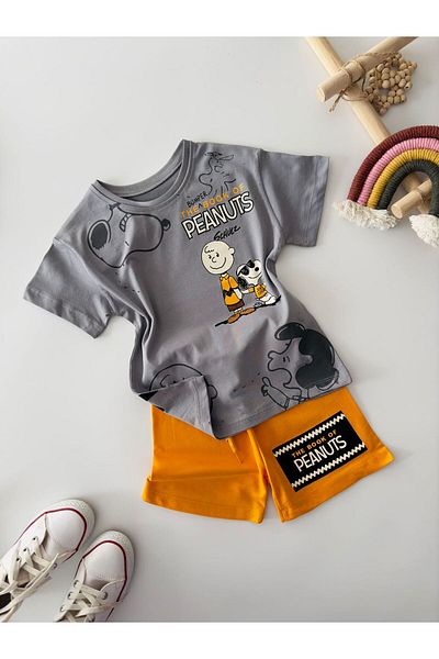 Minigimin Cicileri Boy's Peanus Character Shorts Set - Grey-Orange