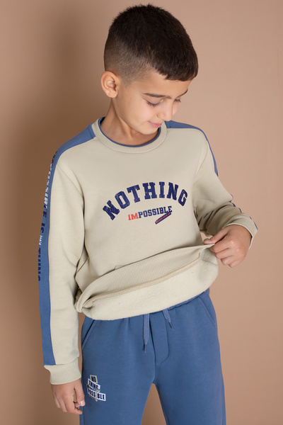 Cansın Mini Κρεμ ριγέ γράμματα τυπωμένα ανδρικά παιδικά σετ φόρμας 19606