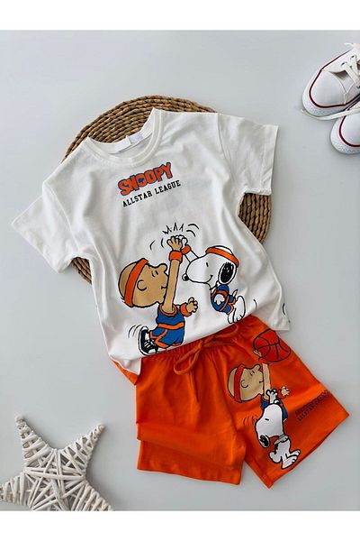 Minigimin Cicileri Boy's Shorts Set - My Little One, Snpy Allstar Character Printed, Orange