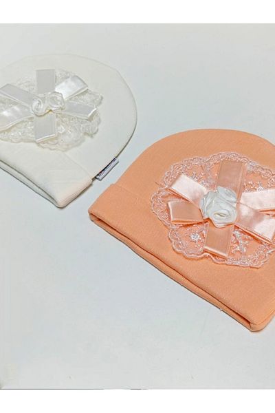 neocotton 2-Piece Cotton Striped Knitted Combed Baby Beanie Rose Bow
