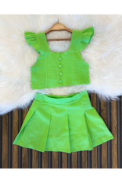Minigimin Cicileri Green Girl's Little Girl's Flowers Crop Skirt Set of 2 - Buttoned