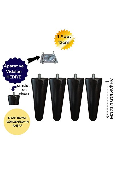 Vera Hediyelik Eşya 4'lü 12 cm Siyah Renk Ahşap Torna Koltuk Ayağı Baza Ayağı...