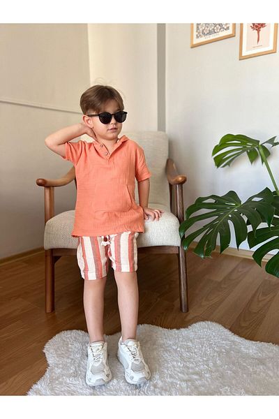 Minigimin Cicileri 2-Piece Set of My Striped Cotton Mini for Boys - Kangaroo Pocket, Orange