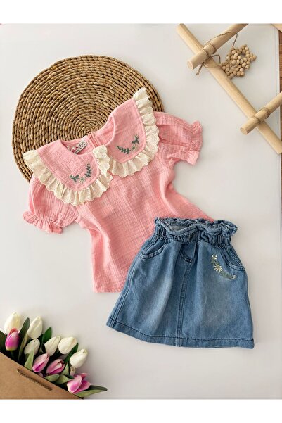 Minigimin Cicileri Set roz pentru fete - cu rever cu detalii de broderie și f...