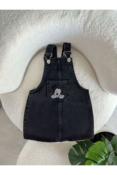 Minigimin Cicileri My Little Baby's Flowers Mcky Embroidery Girl's Jeans Gilet - Black