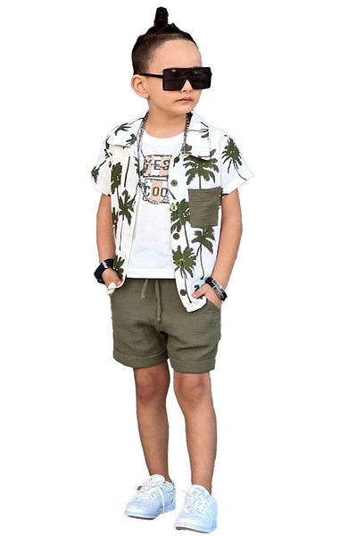 Minigimin Cicileri Khaki My Little One with Flower Muslin Shirt and Palm Pattern 3 Pieces Set